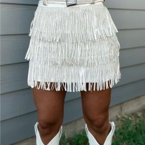 NWT Blue B Collection White Fringe Rhinestone Belt Mini Skirt Size L